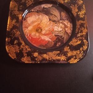 Signed Lesley Roy 8" Gold Aventurine Floral Plate.